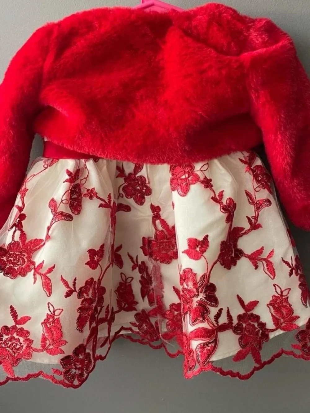 Red Floral Bow Party Dress with Red Faux-Fur Jacket